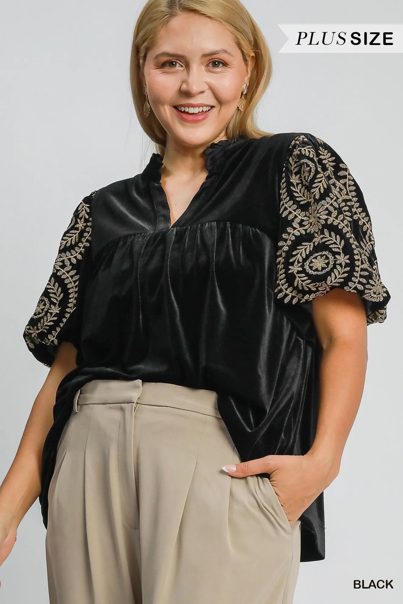 Velvet Embroidered Sleeve Blouse Plus Size