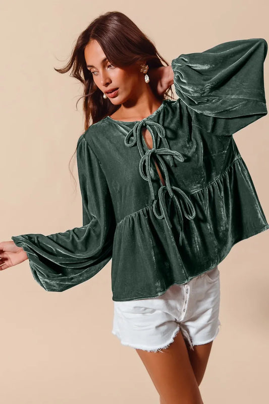 Spaghetti Strap Front Tie Velvet Holiday Blouse