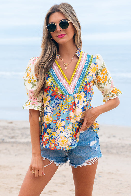 Luxury Multicolour Crochet V Neck Half Sleeve Boho Floral Blouse