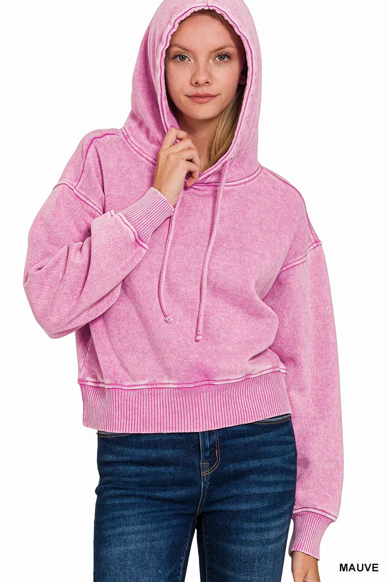 Acid Wash Fleece Drawstring Cropped Hoodie