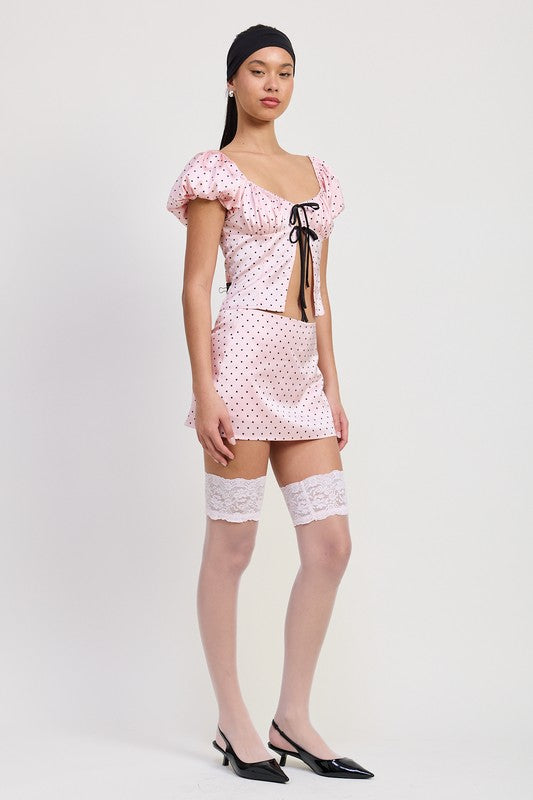 Sqaure Neck Polka Dot Bubble Sleeve Top
