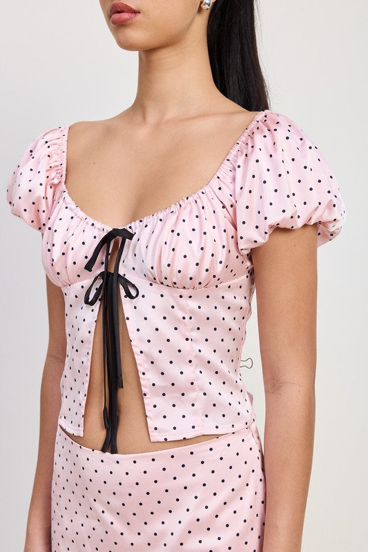 Sqaure Neck Polka Dot Bubble Sleeve Top