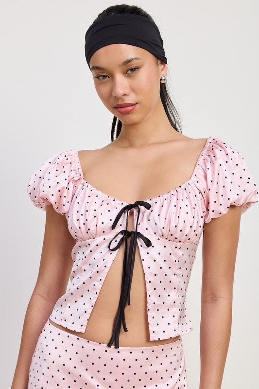 Sqaure Neck Polka Dot Bubble Sleeve Top