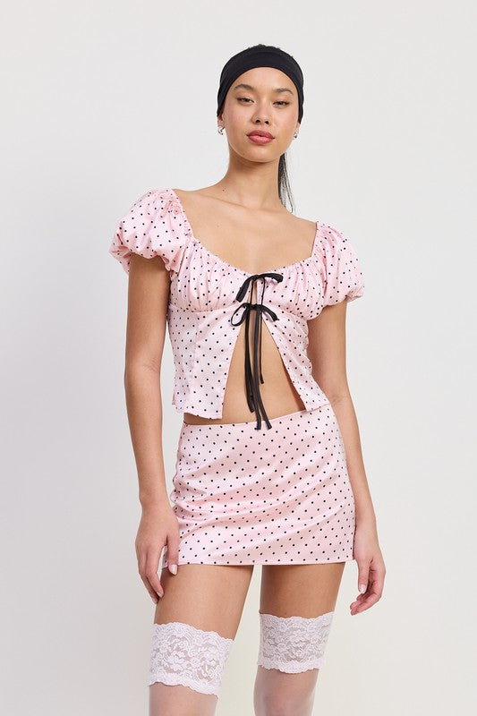 Sqaure Neck Polka Dot Bubble Sleeve Top