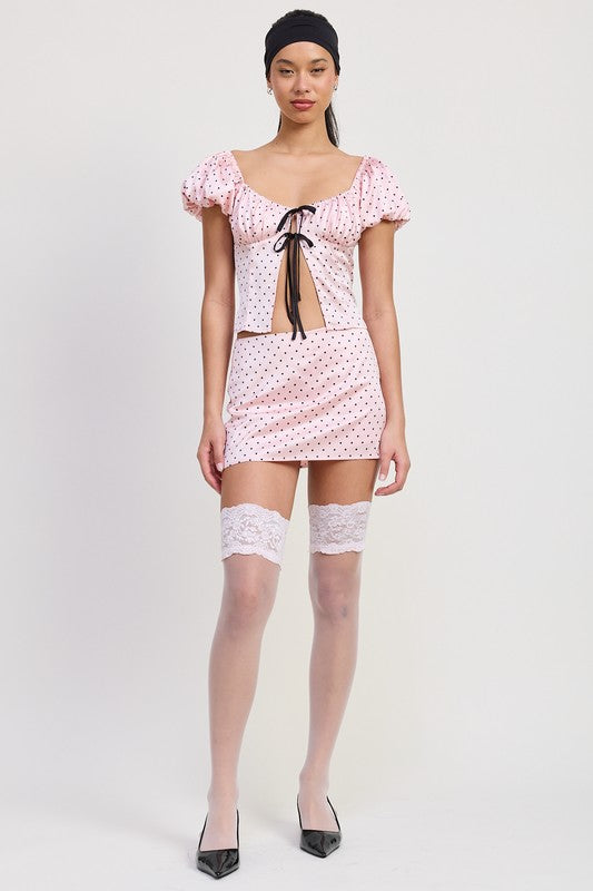 Sqaure Neck Polka Dot Bubble Sleeve Top