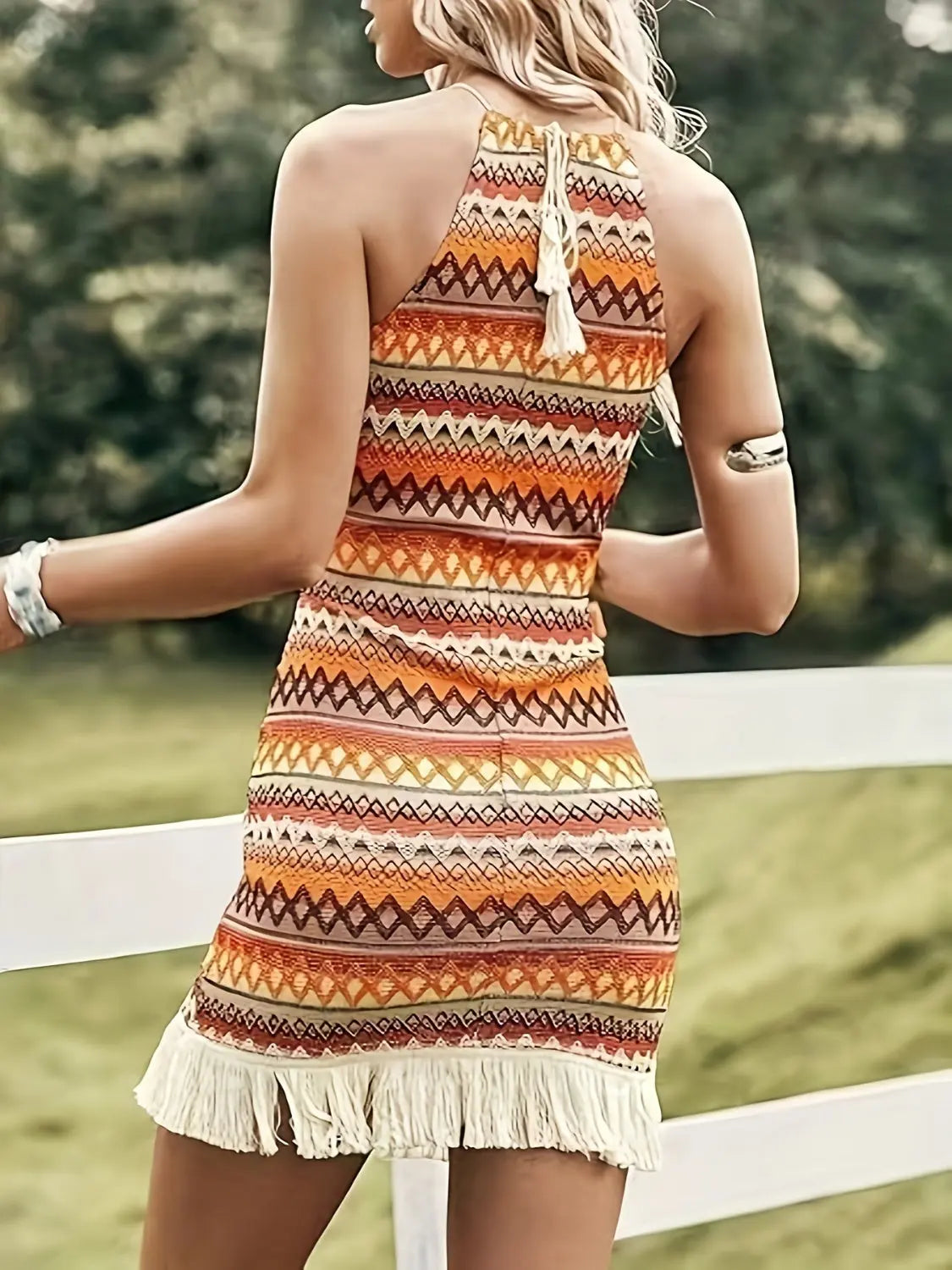 Full Size Boho Style Fringe Grecian Neck Dress