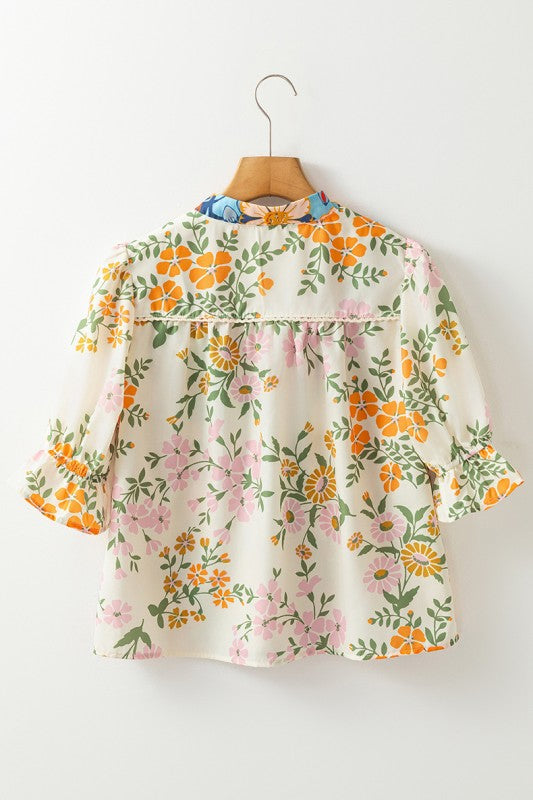 Crochet V Neck Half Sleeve Boho Floral Blouse