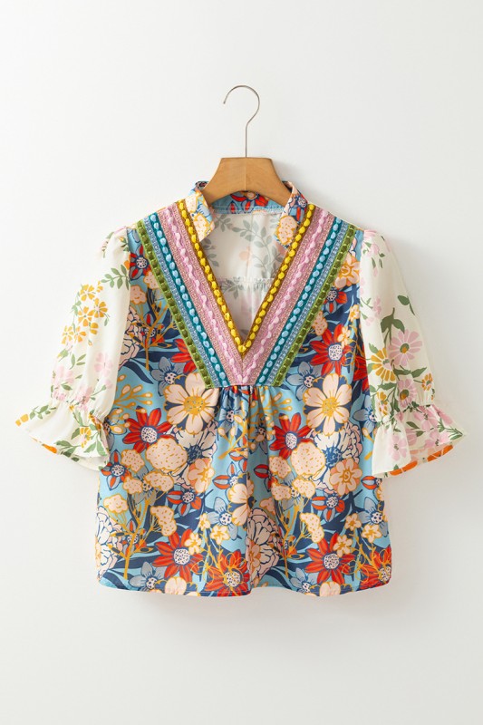 Crochet V Neck Half Sleeve Boho Floral Blouse