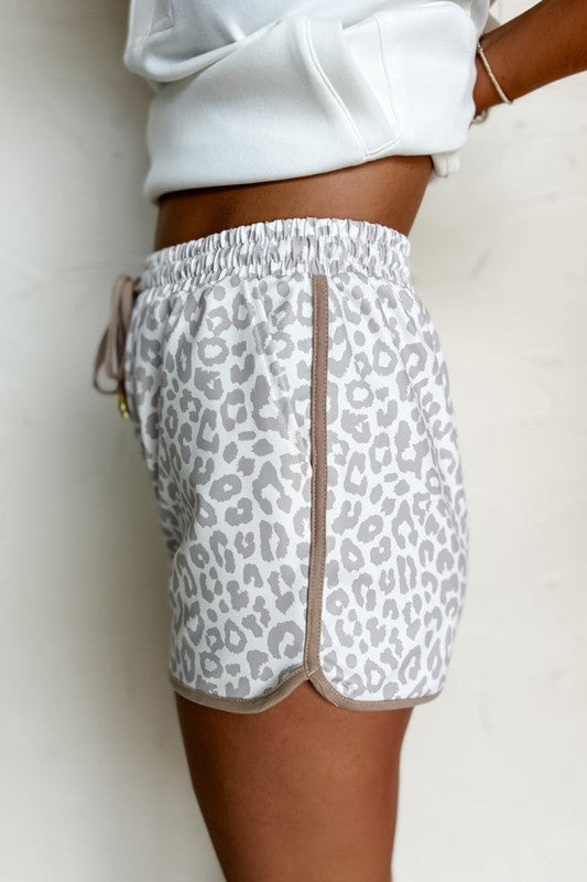 Leopard Elastic Waist Lace up Contrast Trim Shorts