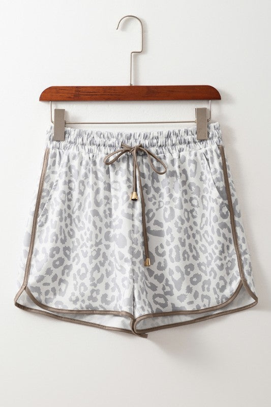 Leopard Elastic Waist Lace up Contrast Trim Shorts