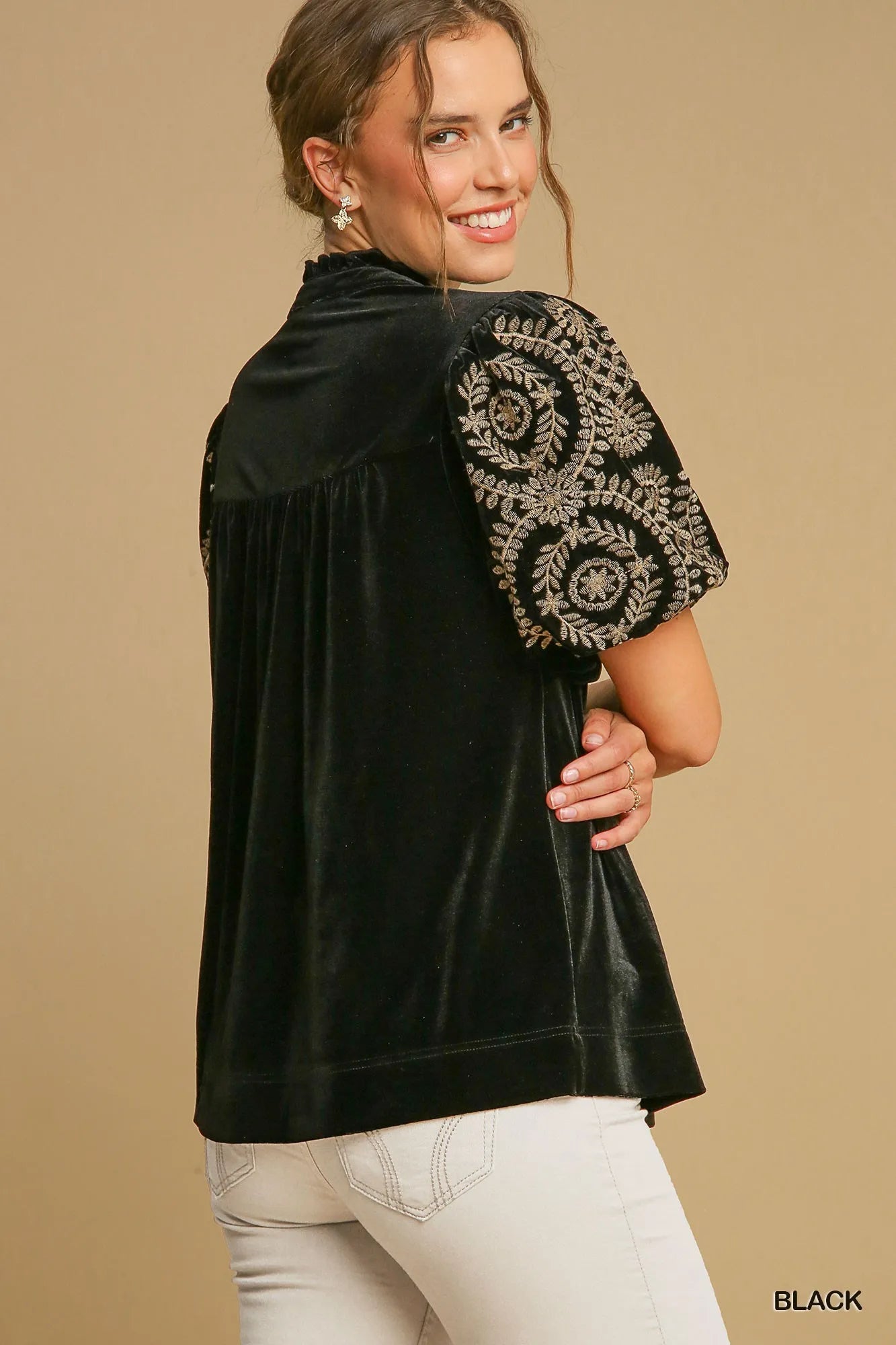 Velvet Embroidered Sleeve Blouse Plus Size