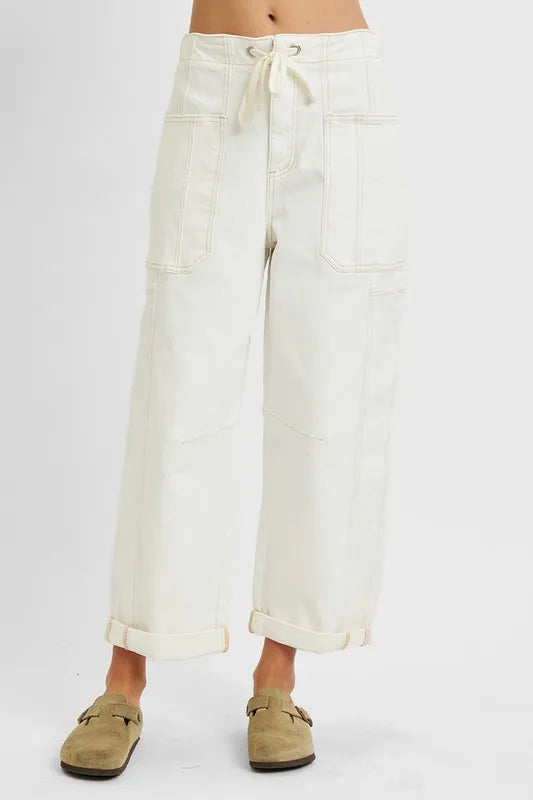 High Rise Crop Wide Barrel Cargo Pocket Jeans Plus Size
