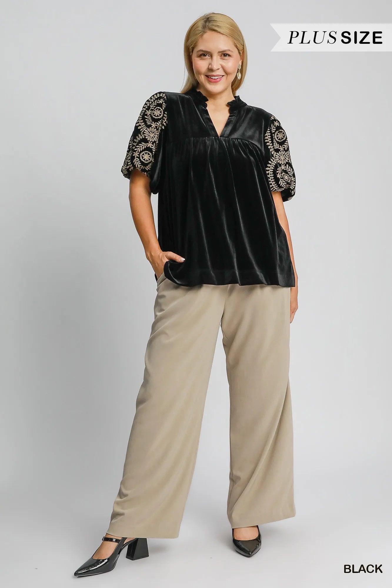 Velvet Embroidered Sleeve Blouse Plus Size