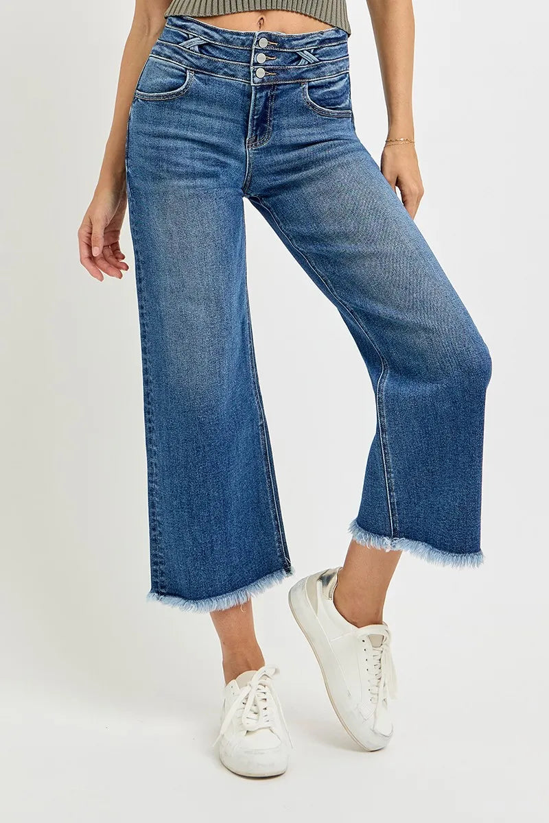 High Rise Crop Wide Leg Jeans with Wide Band Detail