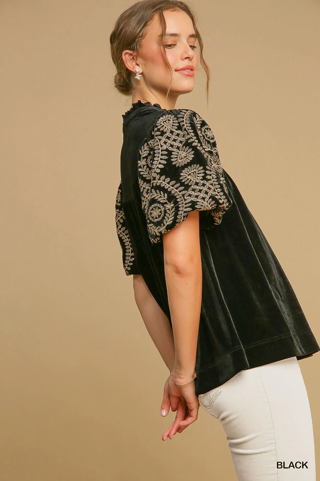 Velvet Embroidered Sleeve Blouse Plus Size