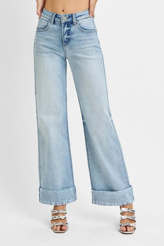 Tummy Control High Rise Ankle Wide Cuffed Jeans Plus Size