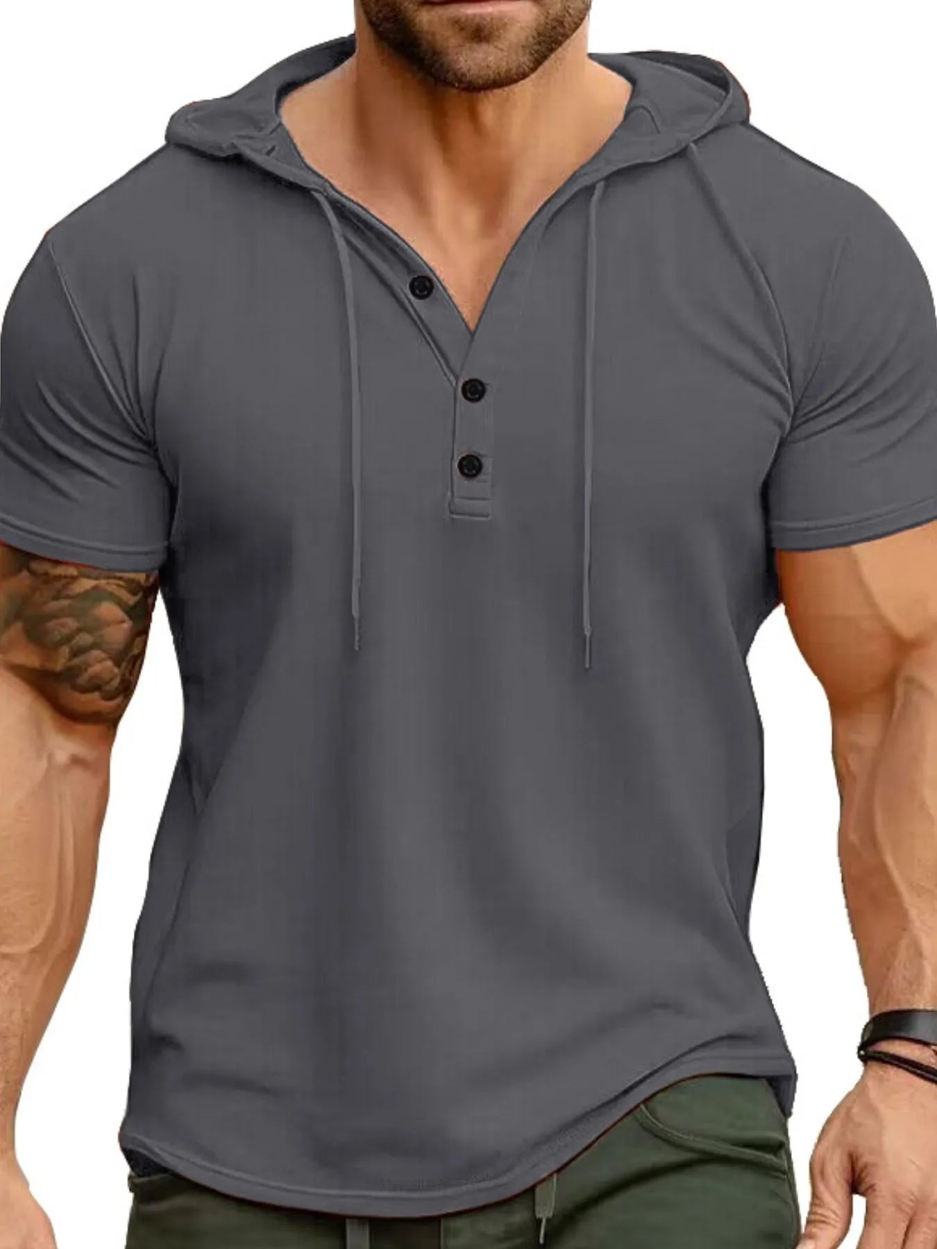 Men's Full Size Casual Hooded Henley T-Shirt Plus Size