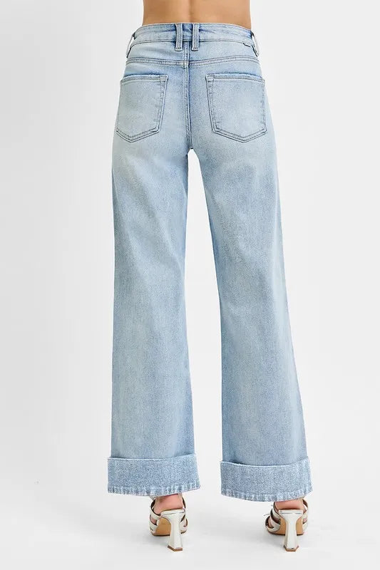 Tummy Control High Rise Ankle Wide Cuffed Jeans Plus Size
