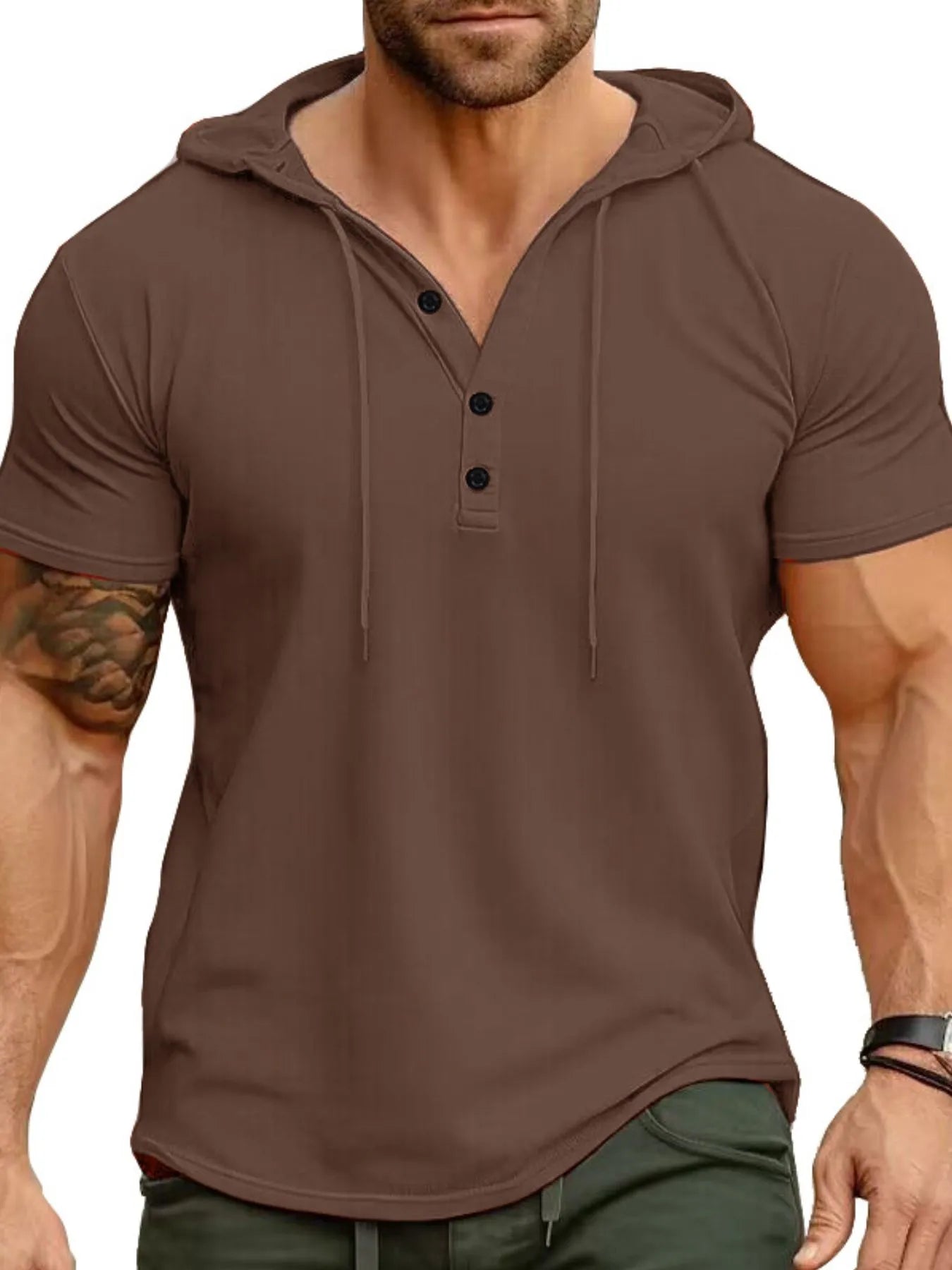 Men's Full Size Casual Hooded Henley T-Shirt Plus Size