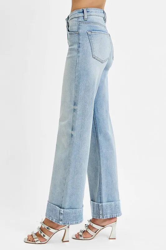 Tummy Control High Rise Ankle Wide Cuffed Jeans Plus Size