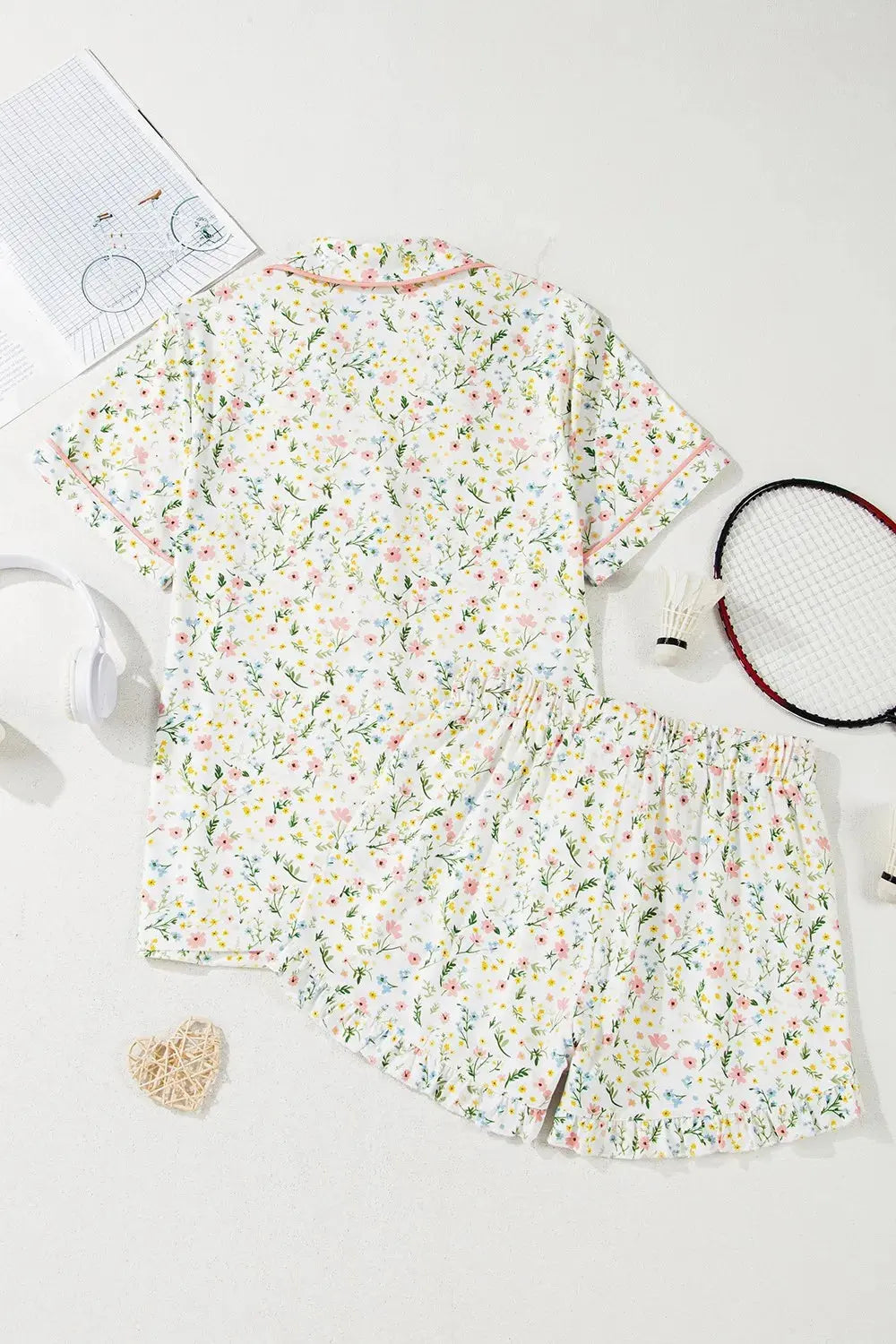 Cherry Bow Print Button Up Womens Loungewear Set