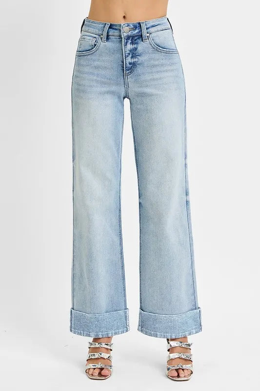 Tummy Control High Rise Ankle Wide Cuffed Jeans Plus Size