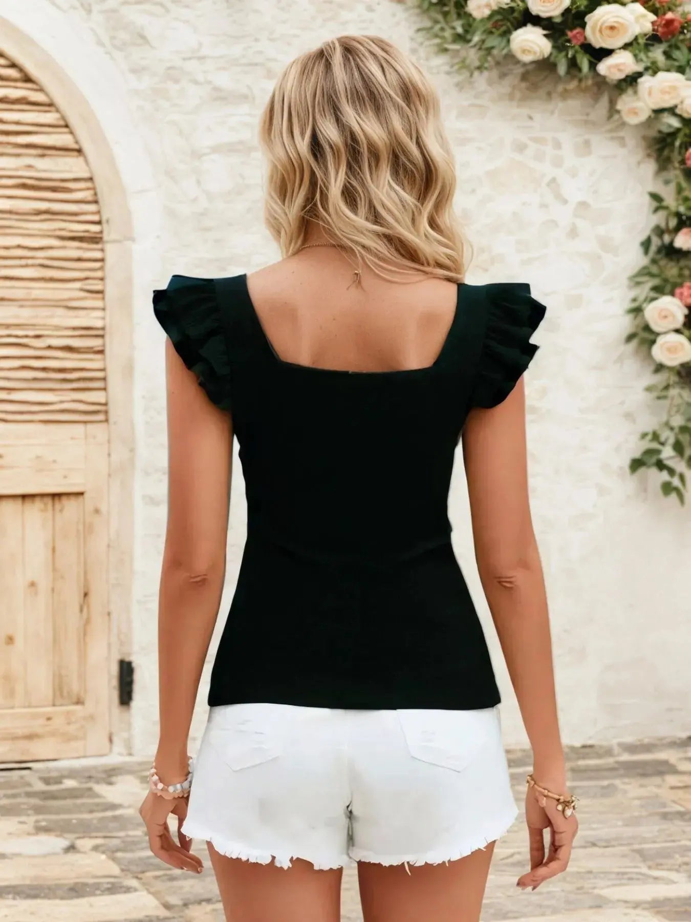 Square Neck Ruffled Cap Sleeve Top – Black