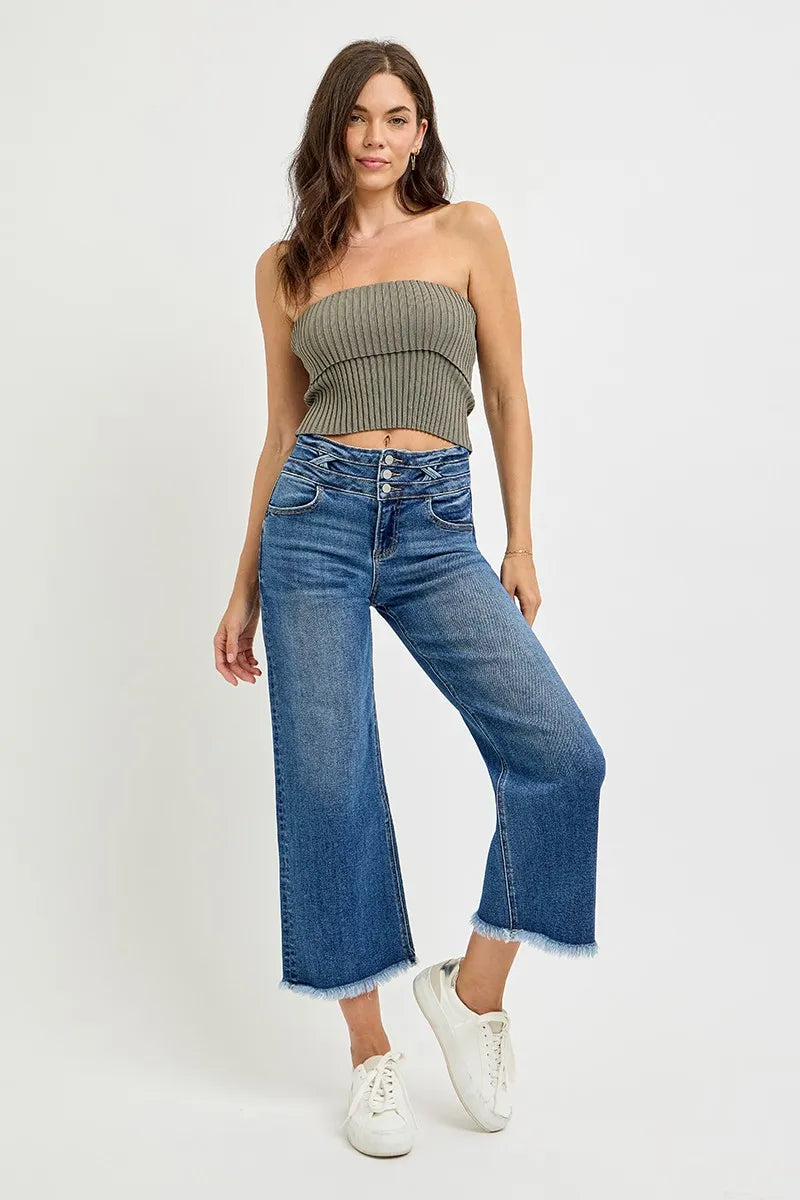 High Rise Crop Wide Leg Jeans with Wide Band Detail