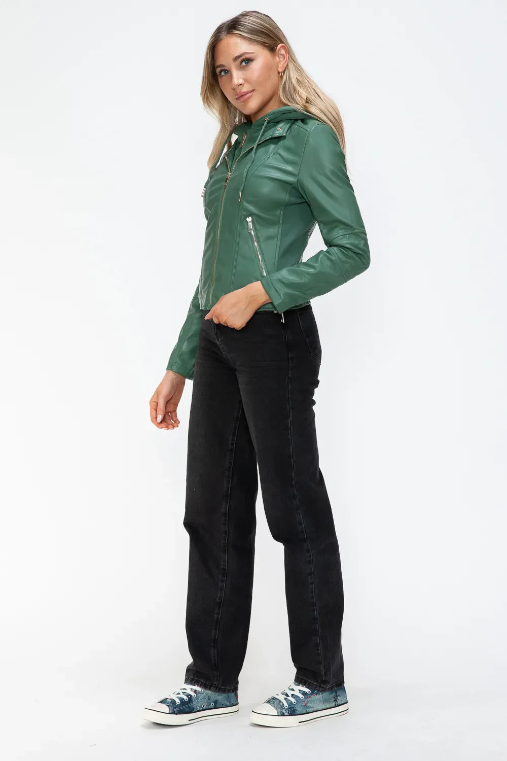 Snobbish Faux Leather Zip Up Drawstring Hooded Jacket