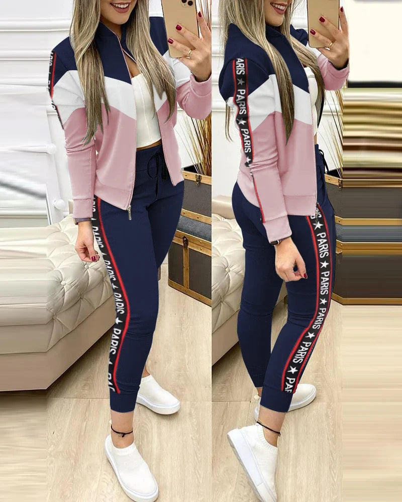 Leisure Sports Zipper Top Coat Pants 2 Two Pieces Sets