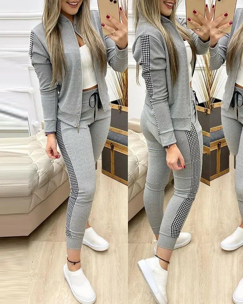 Leisure Sports Zipper Top Coat Pants 2 Two Pieces Sets