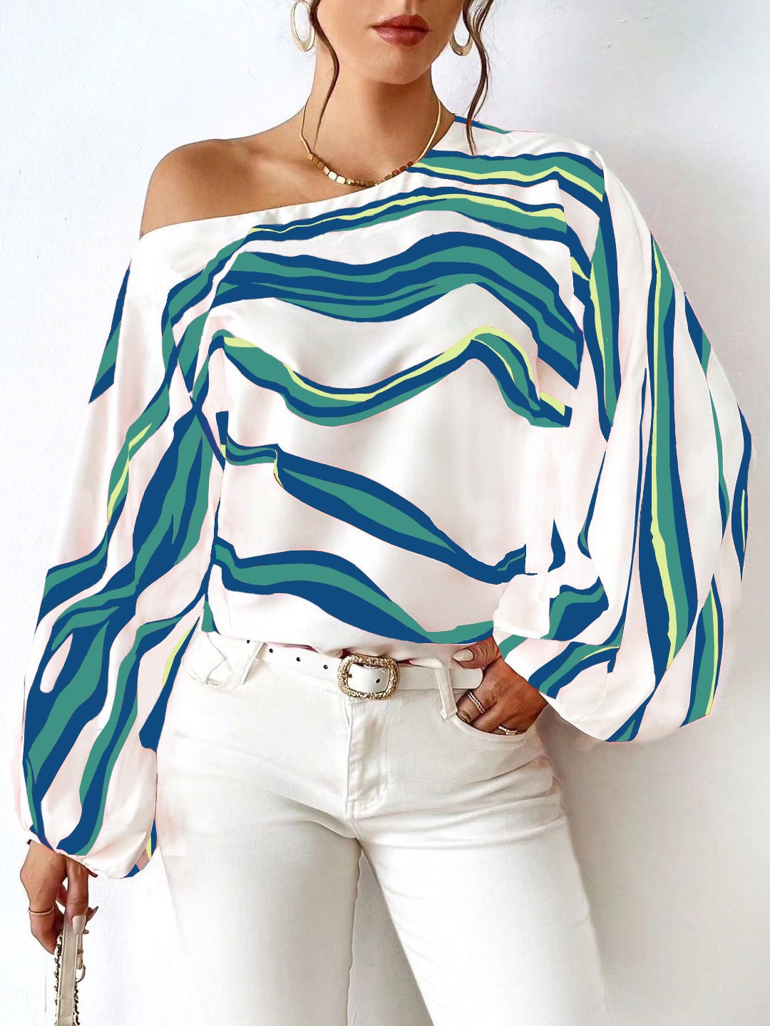 Off-Shoulder Wavy Stripe Short Sleeve Top
