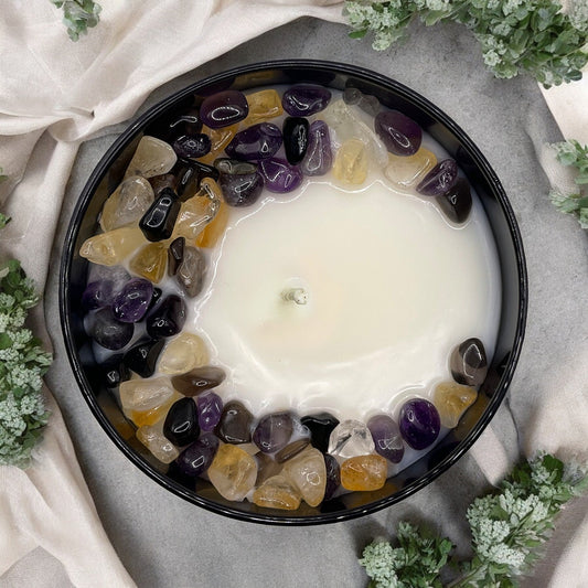 Sea Salt Eucalyptus Crystal Candle with Black Obsidian, Citrine, and Amethyst | Coconut-Soy Wax Candle, 9oz