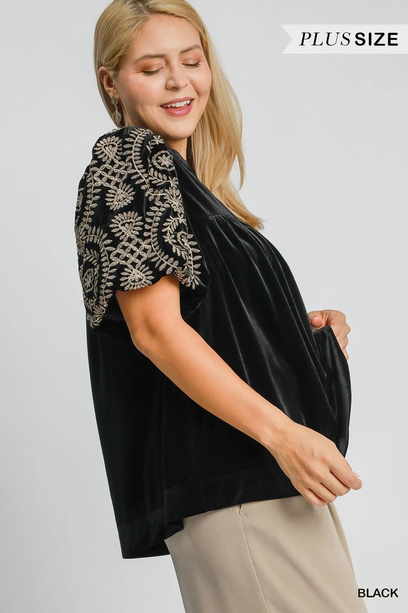 Velvet Embroidered Sleeve Blouse Plus Size