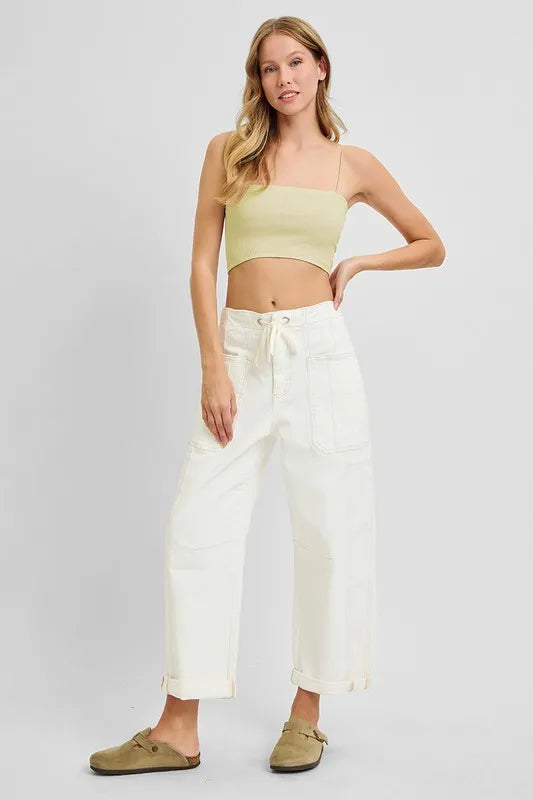 High Rise Crop Wide Barrel Cargo Pocket Jeans Plus Size