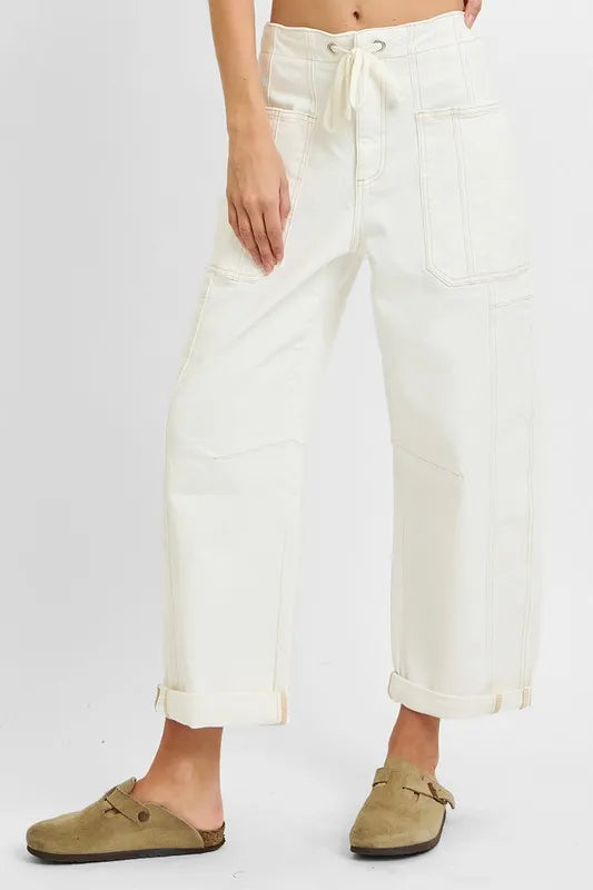 High Rise Crop Wide Barrel Cargo Pocket Jeans Plus Size