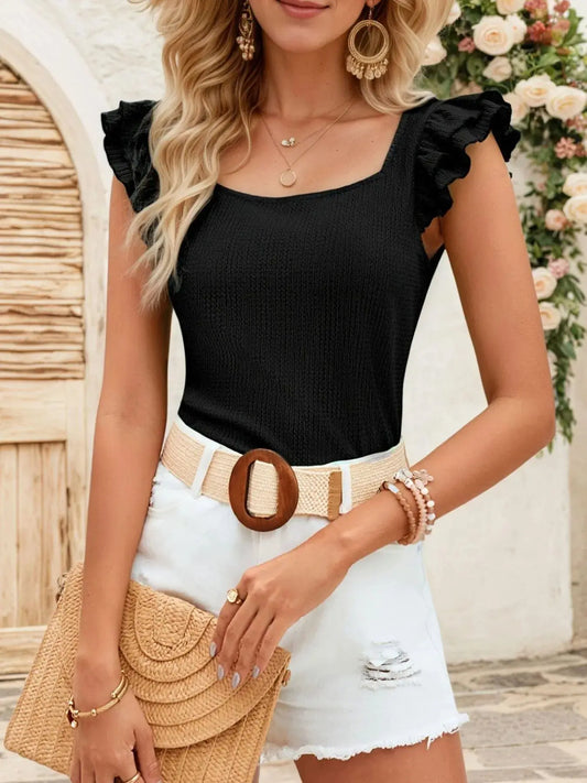 Square Neck Ruffled Cap Sleeve Top – Black