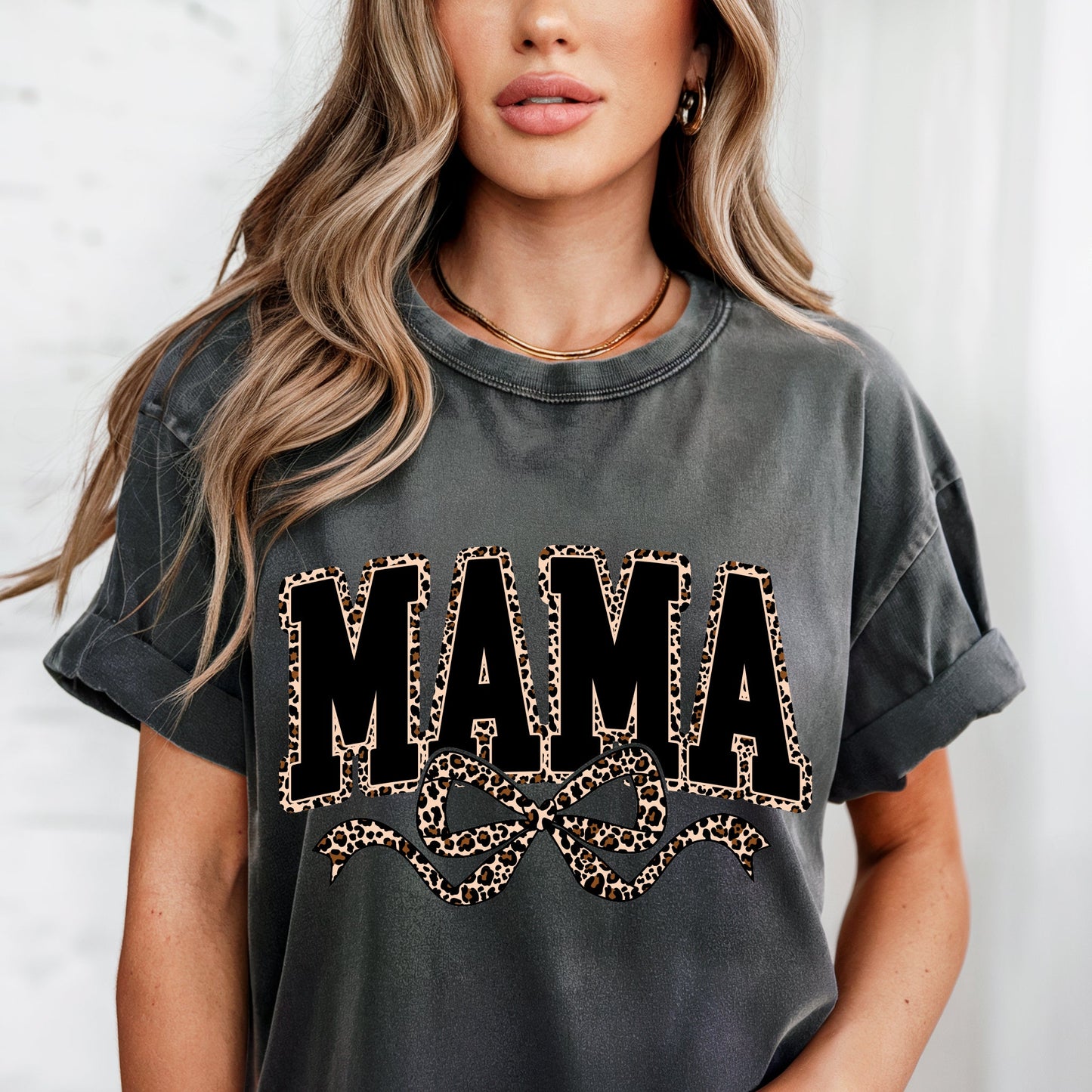 Mama Leopard Ribbon Comfort Colors T Shirt (Center)