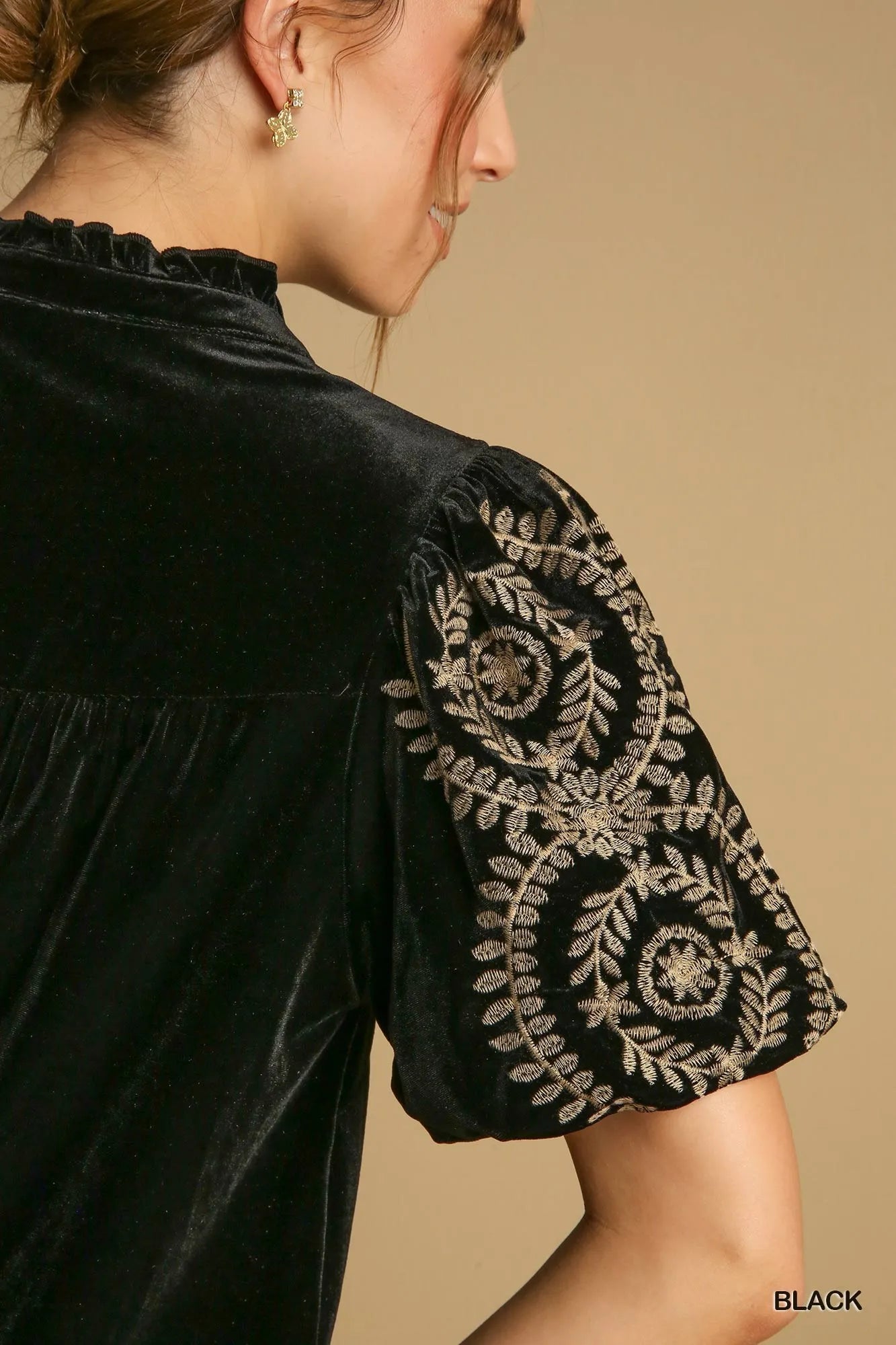 Velvet Embroidered Sleeve Blouse Plus Size
