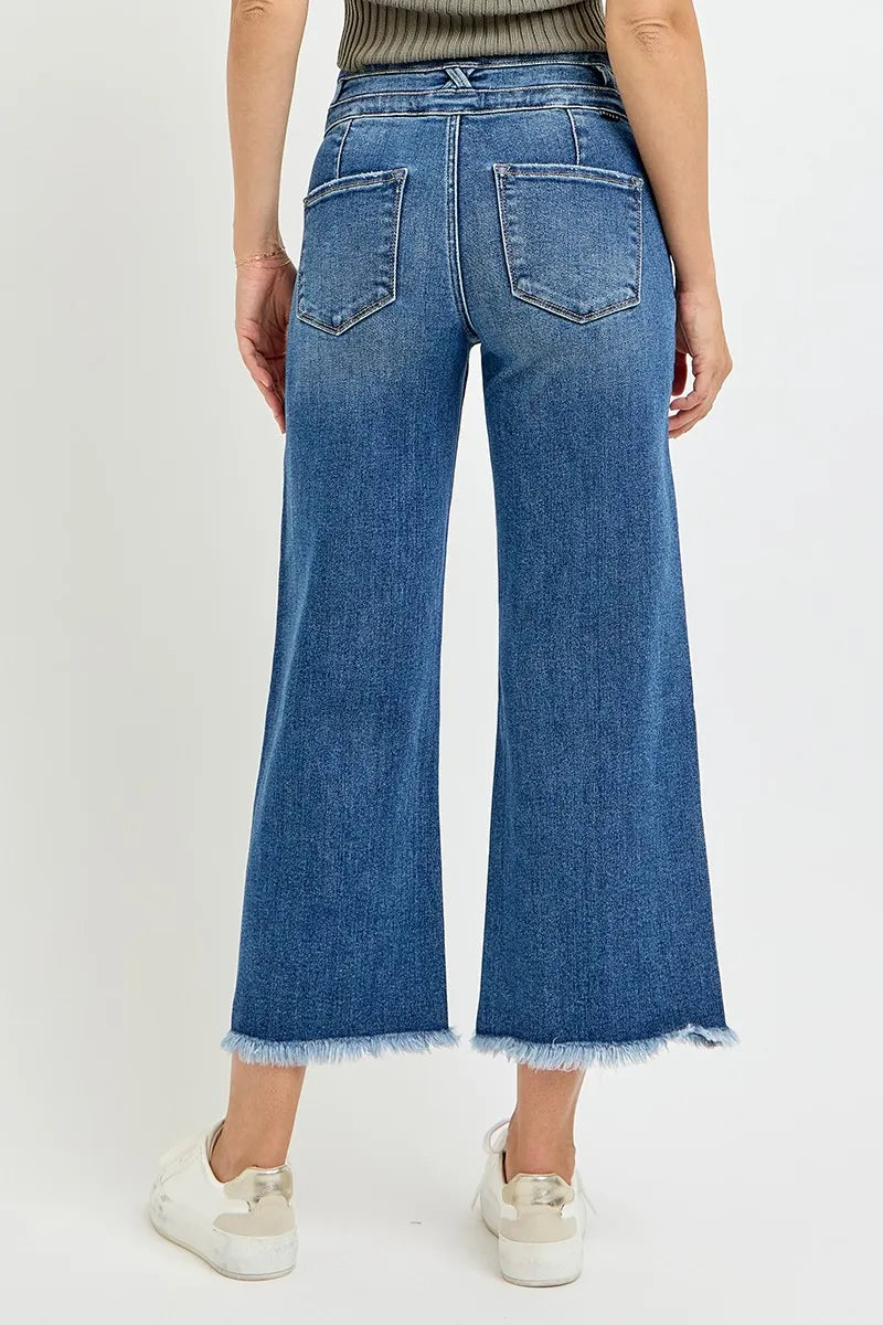 High Rise Crop Wide Leg Jeans with Wide Band Detail