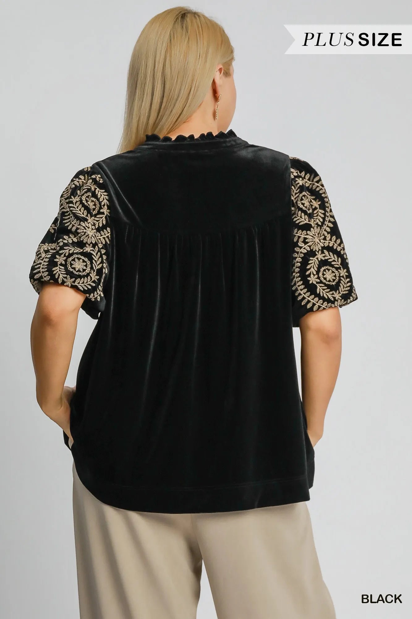Velvet Embroidered Sleeve Blouse Plus Size