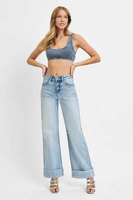 Tummy Control High Rise Ankle Wide Cuffed Jeans Plus Size
