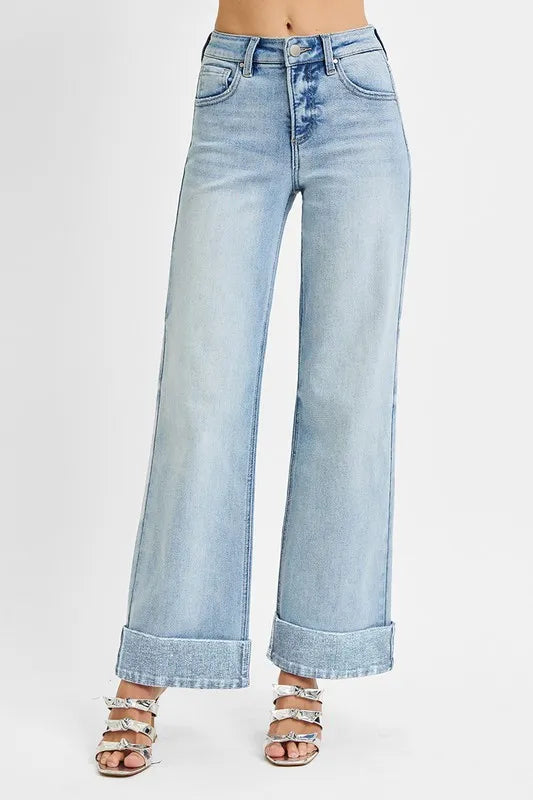 Tummy Control High Rise Ankle Wide Cuffed Jeans Plus Size