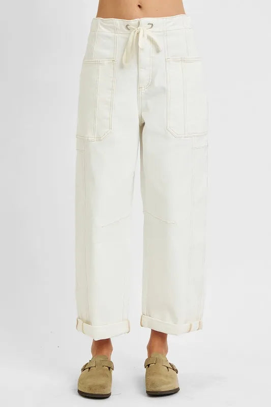 High Rise Crop Wide Barrel Cargo Pocket Jeans Plus Size