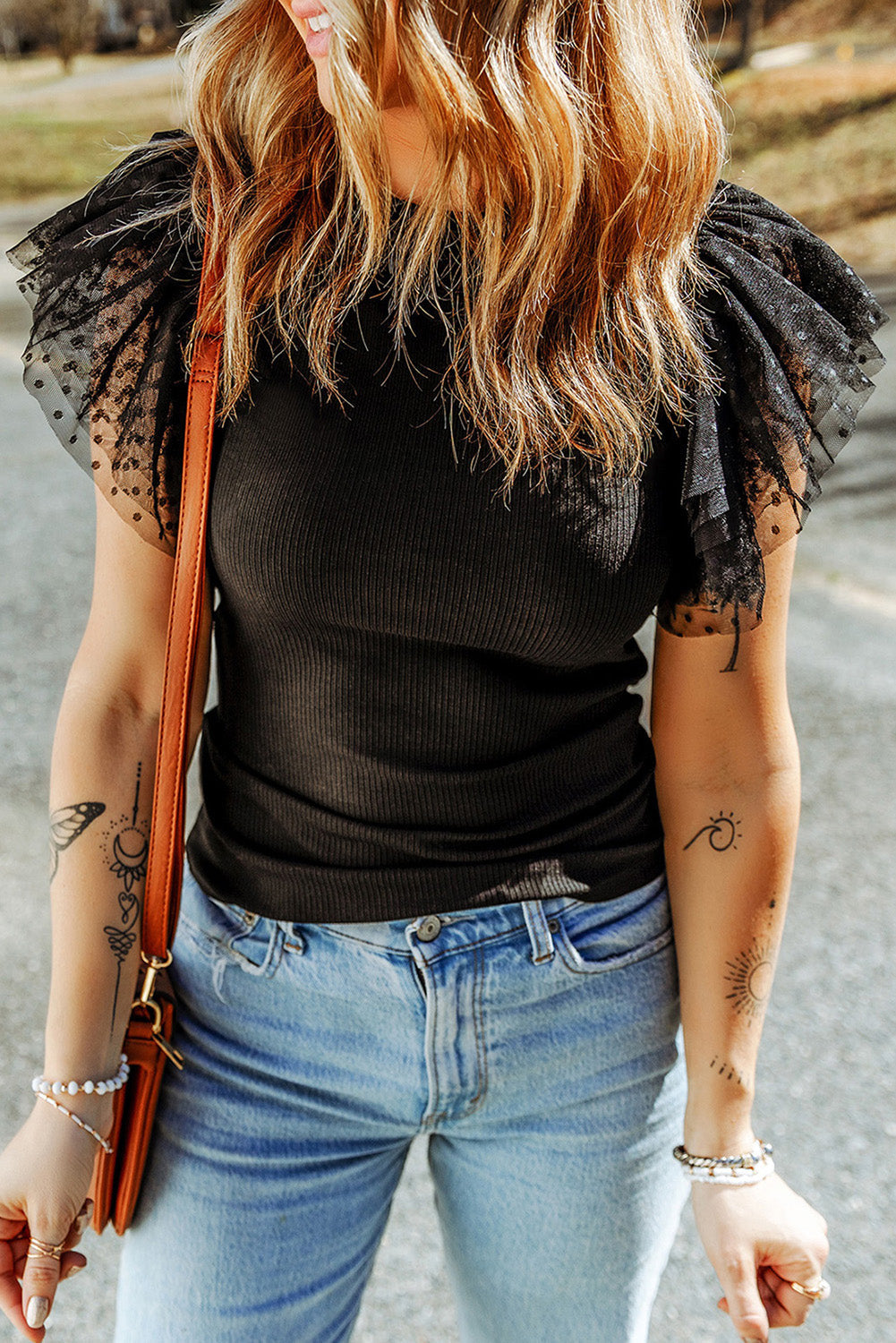 Luxury Dotty Mesh Ruffle Sleeve Ribbed Knit Top