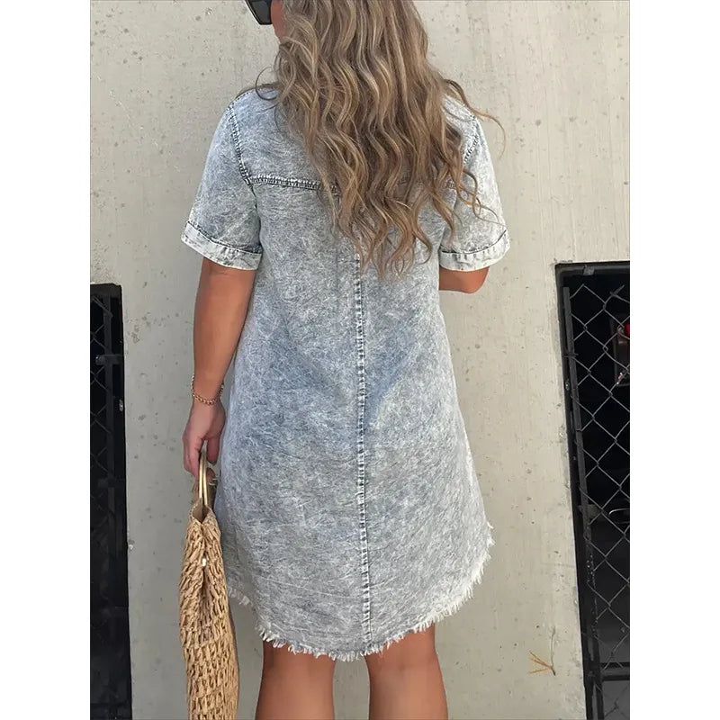 Full Size Raw Hem Short Sleeve Denim Dress Plus Size