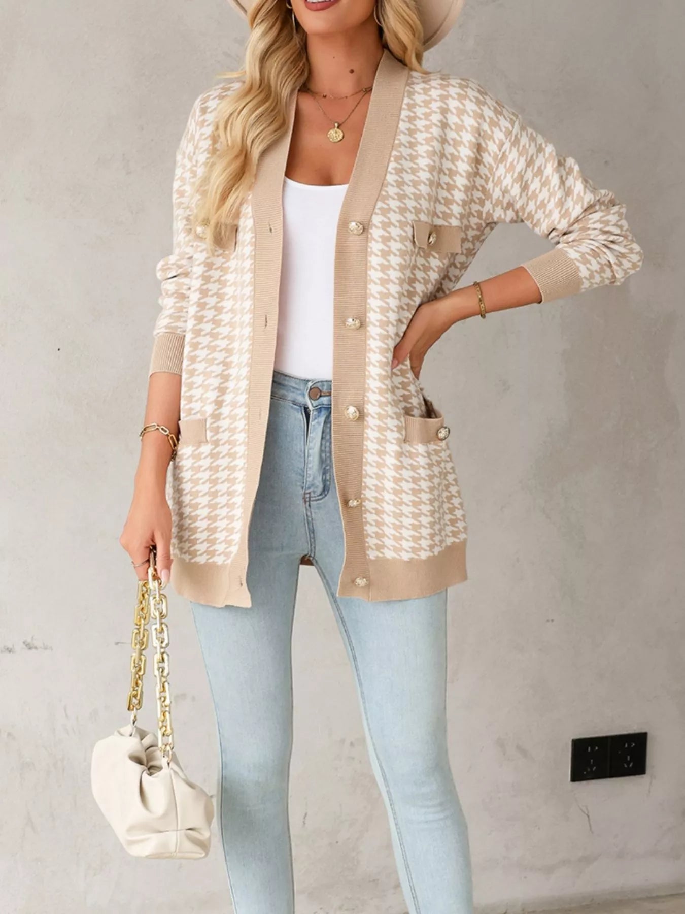 Contrast Edge Metal Button Slim Cardigan with Pockets