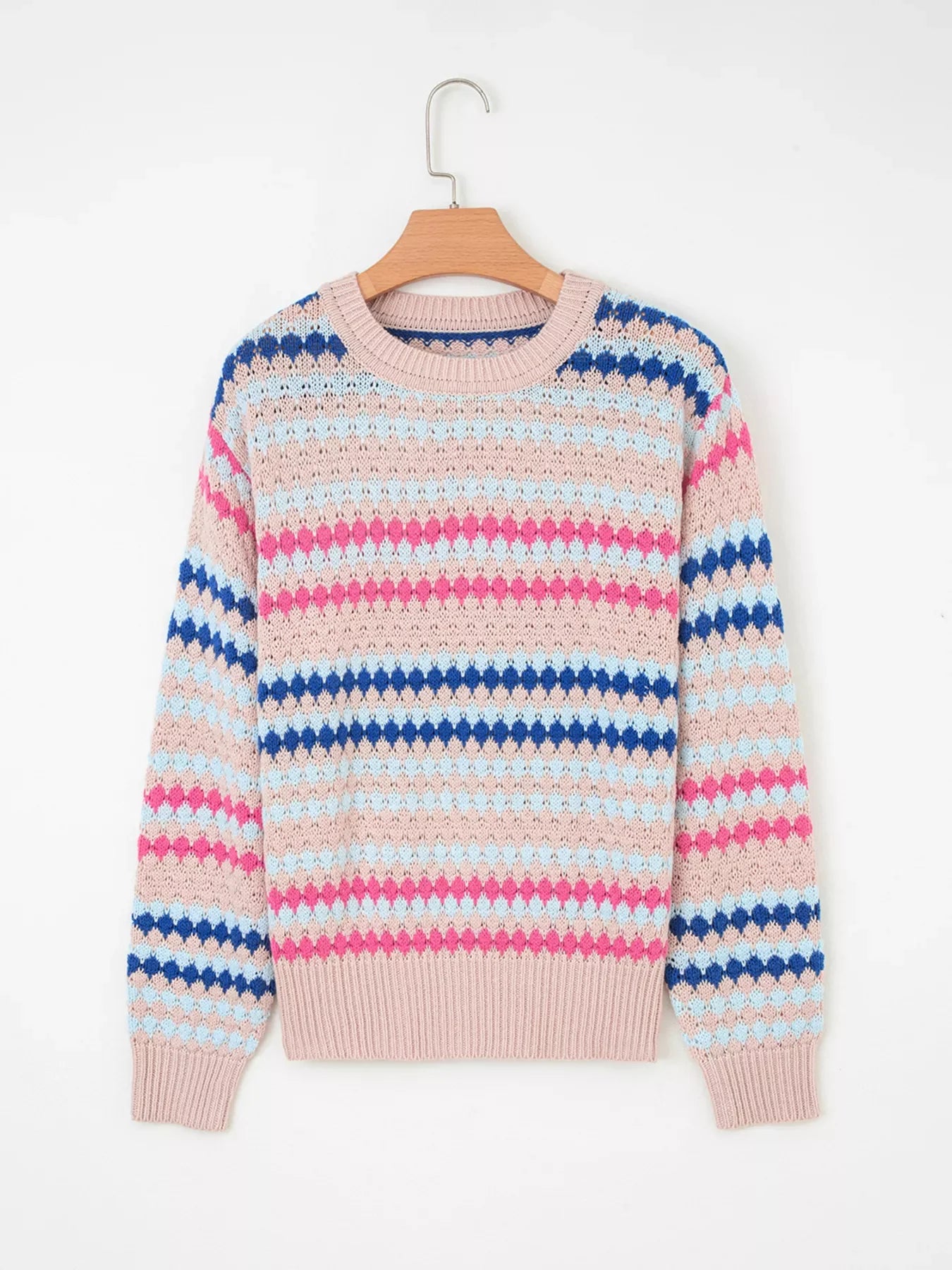 Stripe Eyelet Patterned Drop Shoulder Sweater