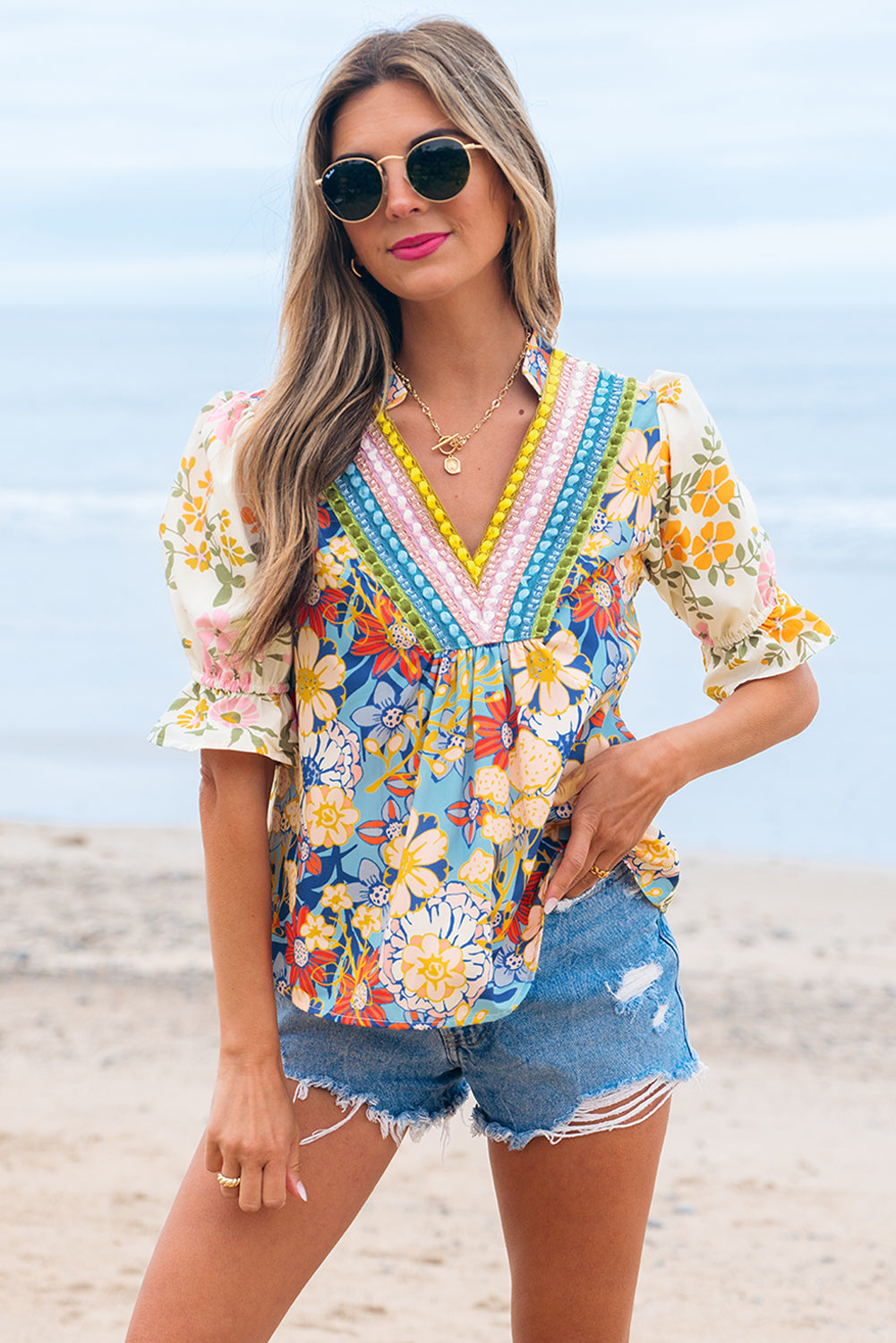 Luxury Multicolour Crochet V Neck Half Sleeve Boho Floral Blouse