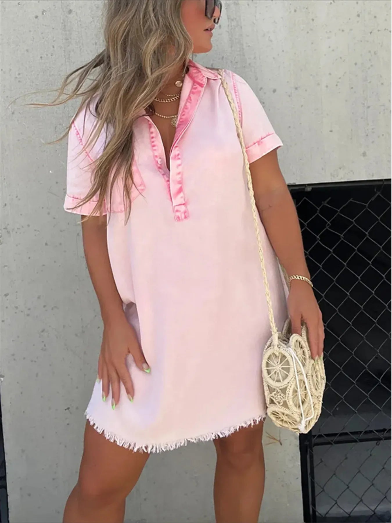 Full Size Raw Hem Short Sleeve Denim Dress Plus Size